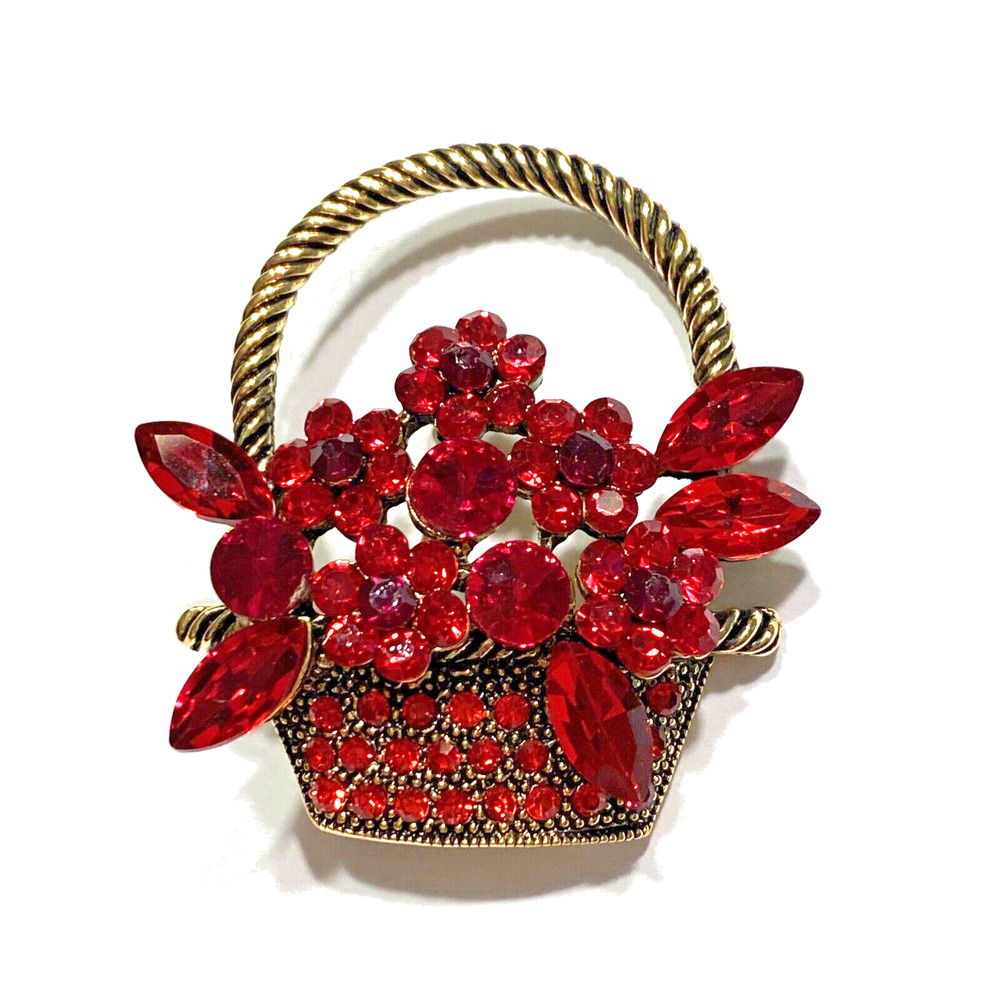 Red Rhinestone Flower Basket Brooch Rope Textured Goldtone Dimensional Pin Chic